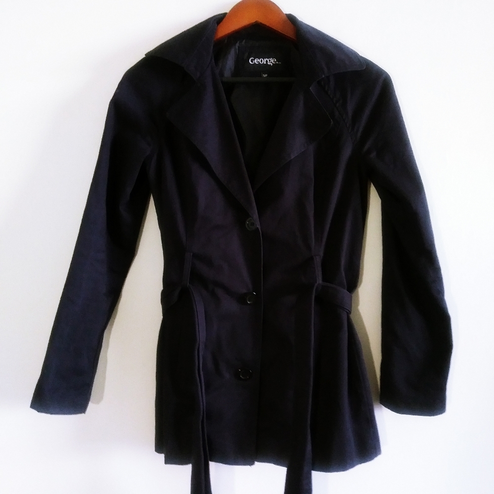 George Woman Black Trench Coat Buttons Small